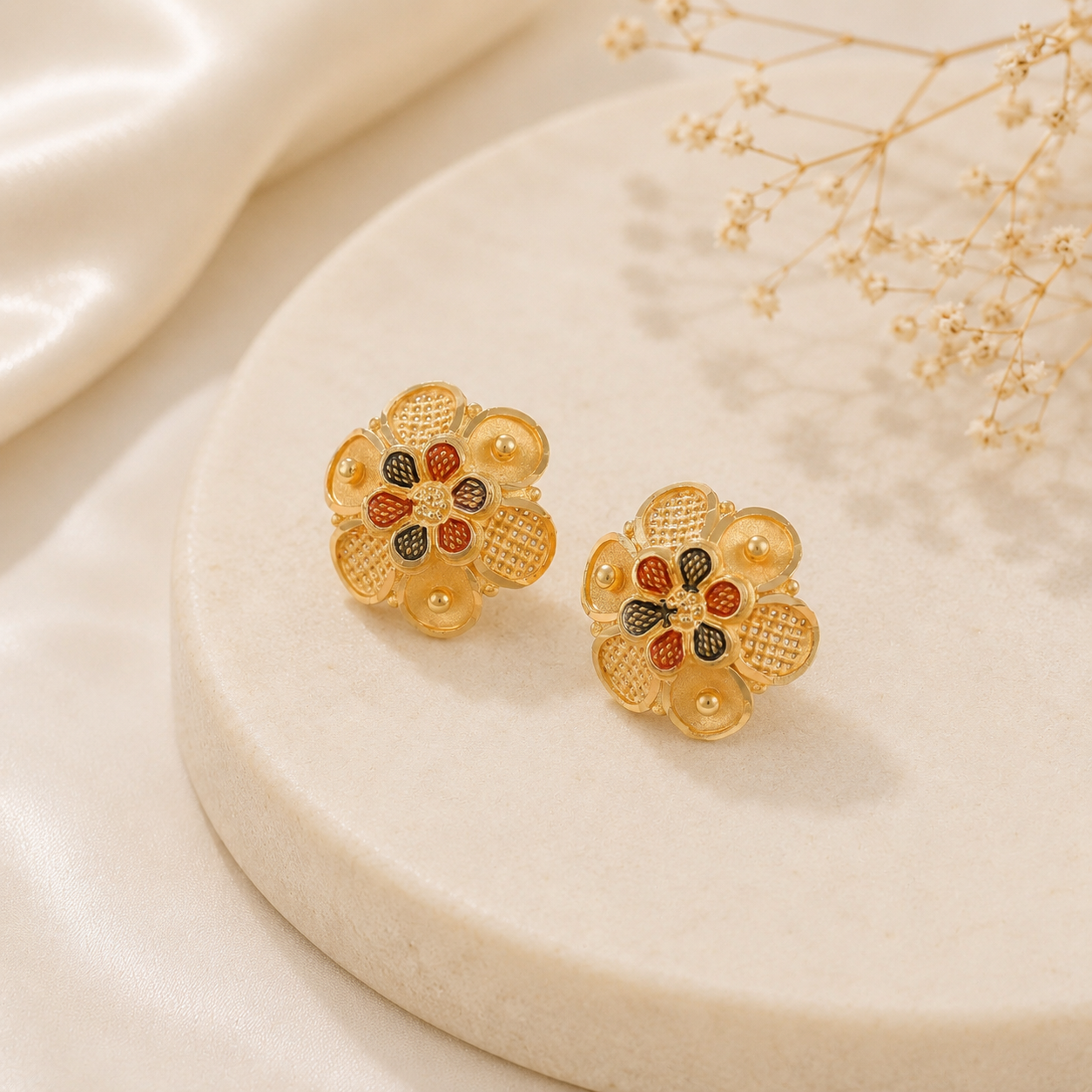 Nyra Antique Color Petal Gold Earrings