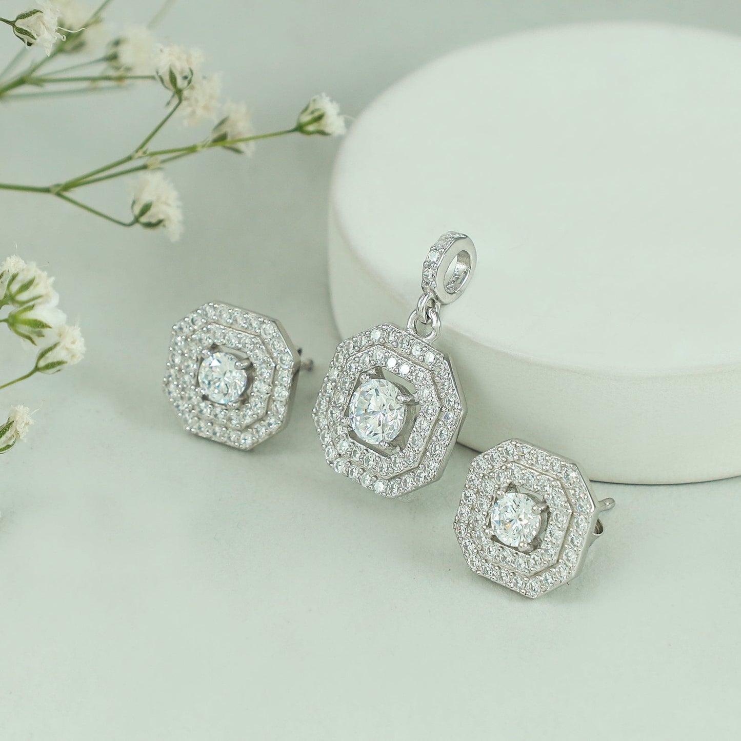 Jiya Pleasing Silver CZ Pendant Set