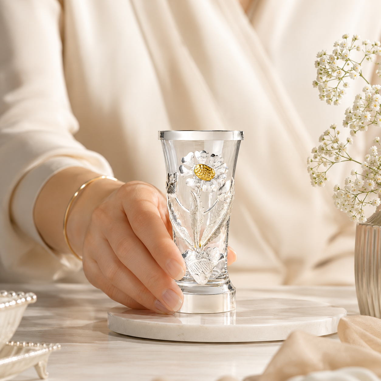 Charming Floral Silver Glass