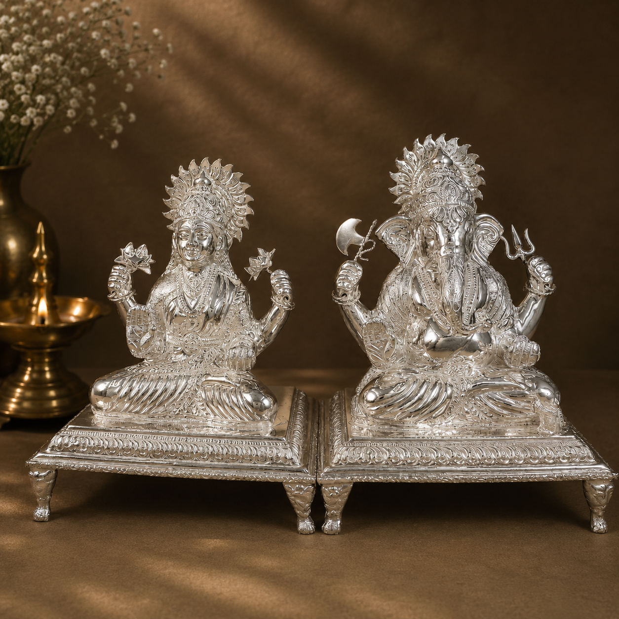 Jovial Laxmi Ganesha Silver Idol