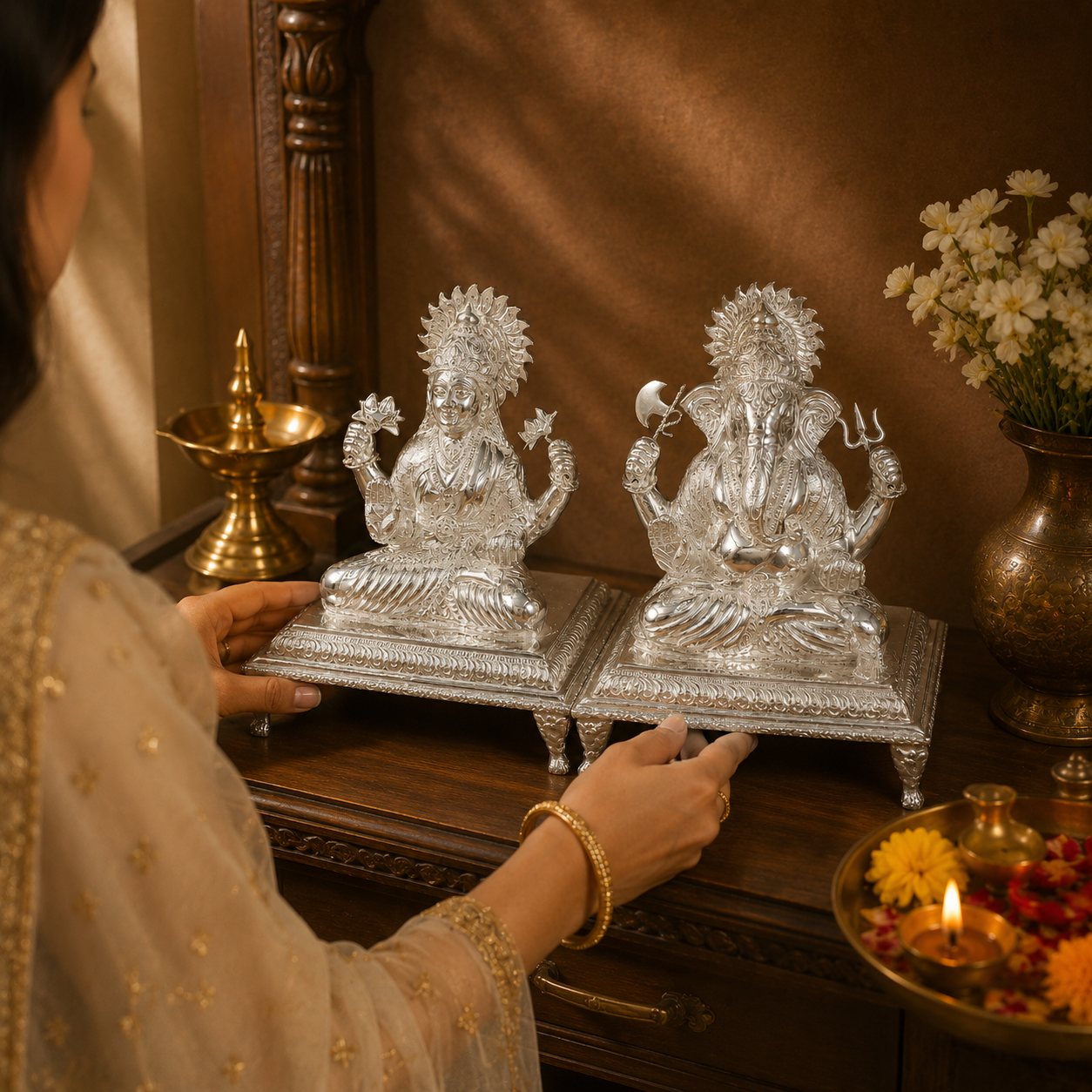 Jovial Laxmi Ganesha Silver Idol