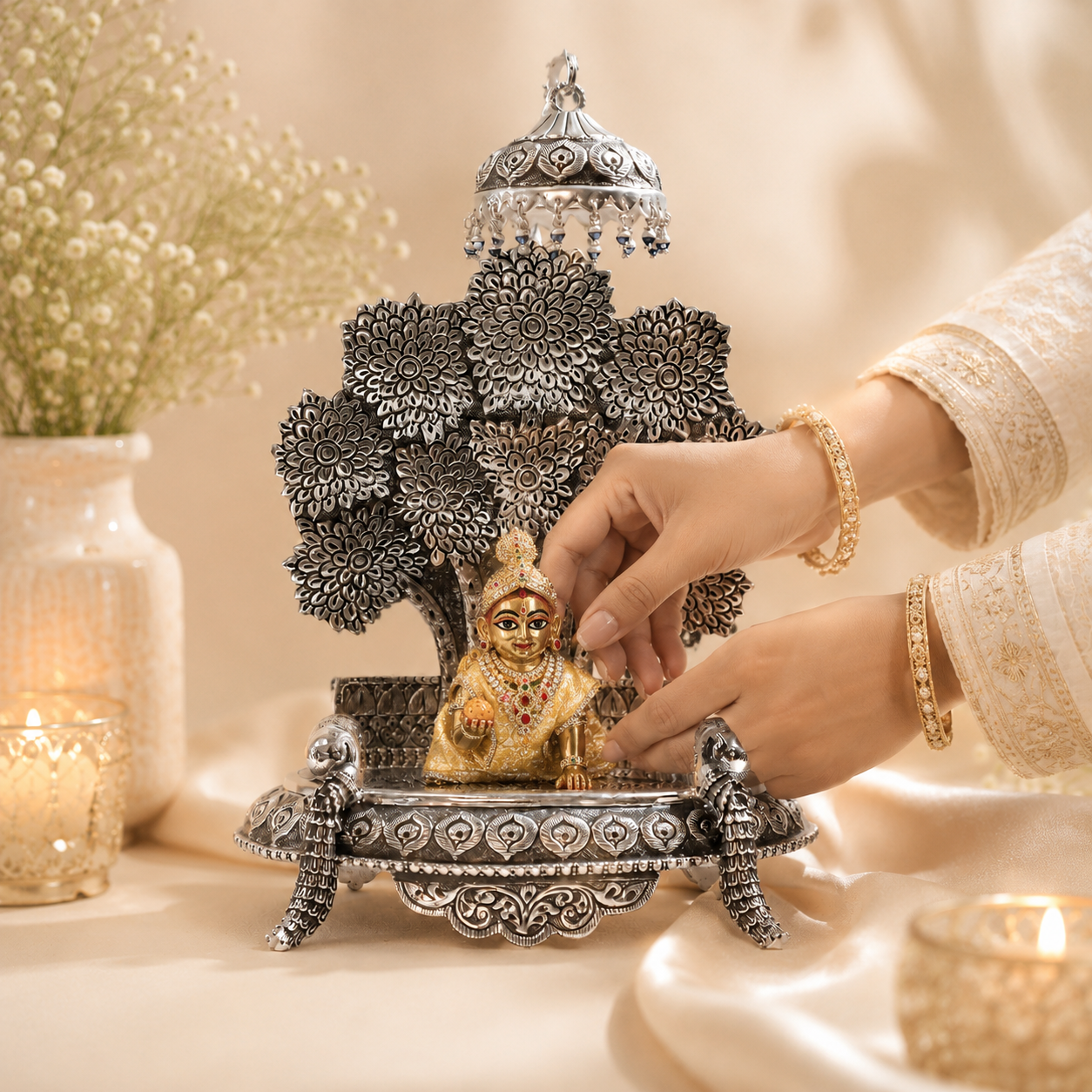 Floral Tree Silver Singhasan