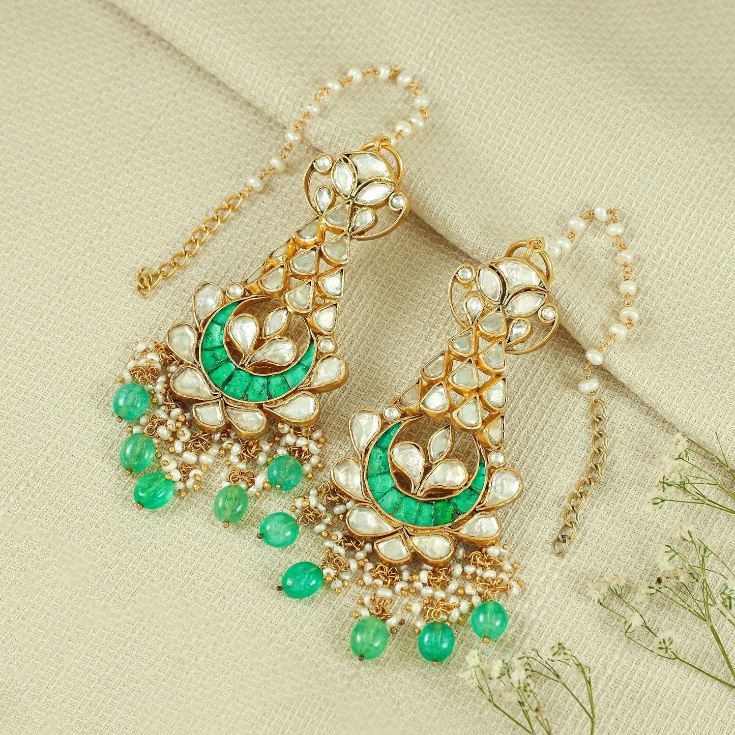 Chhavi Gold Plated Kundan Green Silver Earrings