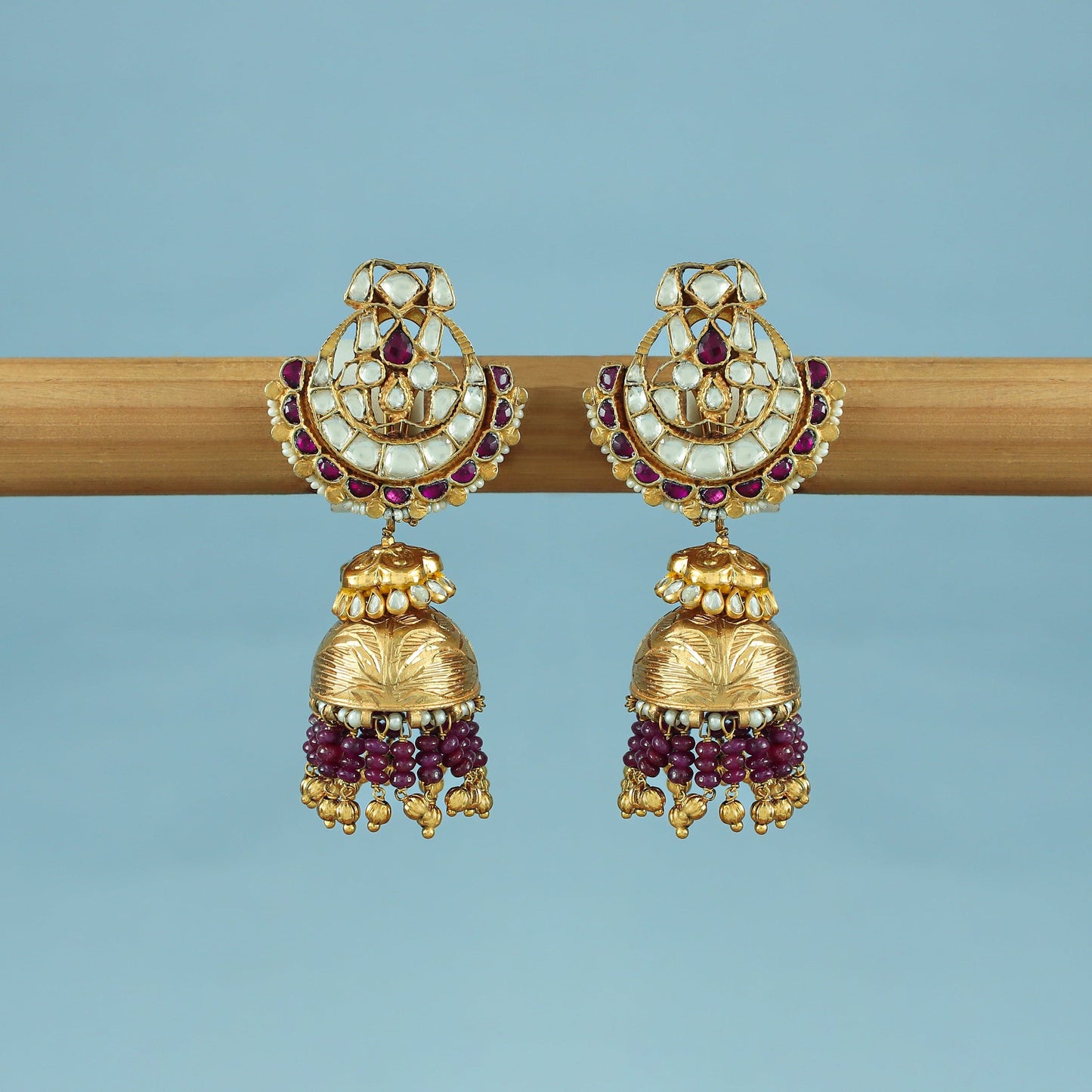 Aadya Maroon Gold Plated Kundan Silver Earrings