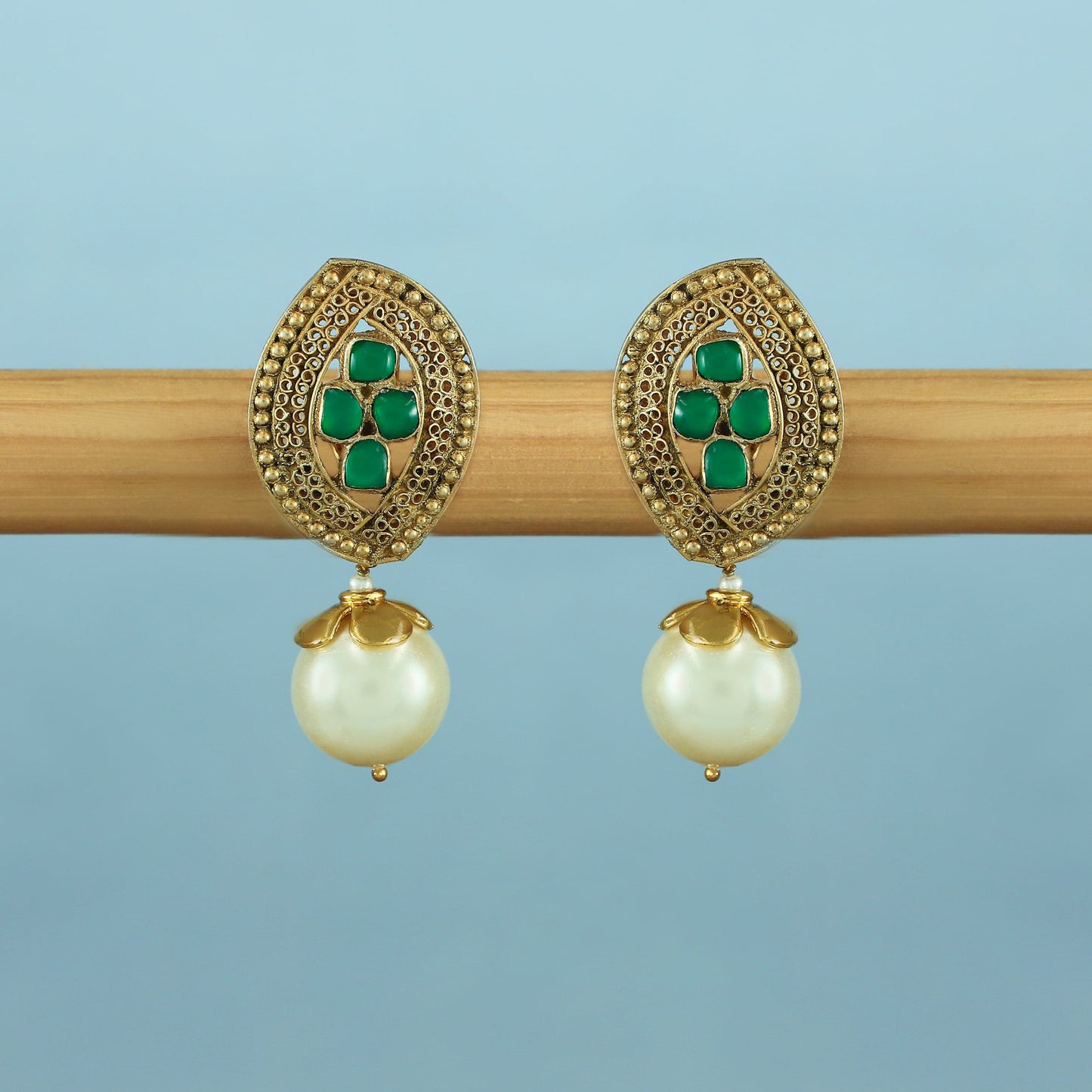 Ahaana Green Gold Plated Kundan Silver Drop Earrings