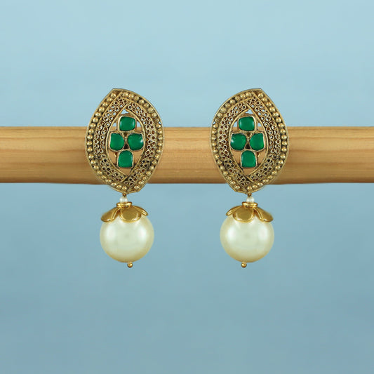 Ahaana Green Gold Plated Kundan Silver Drop Earrings