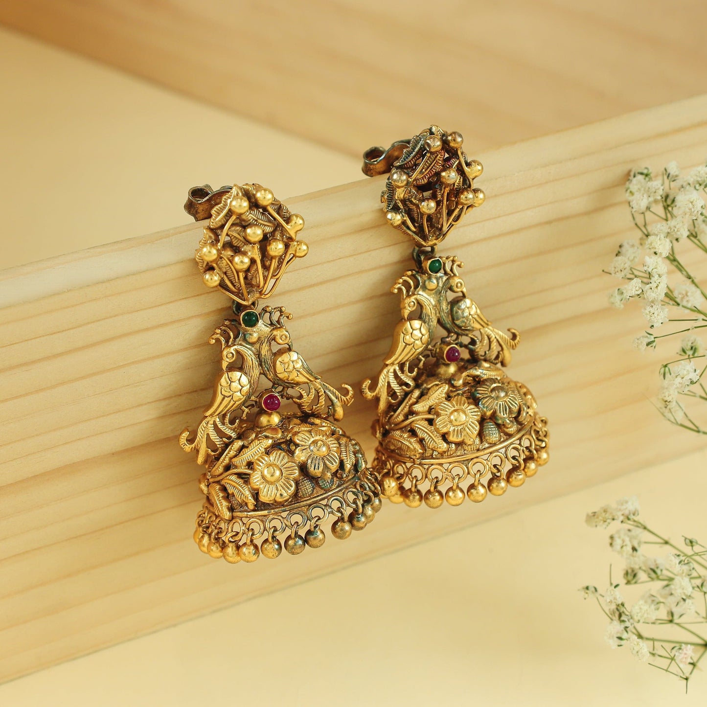 Nemali Gold Plated Silver Earrings with Peacock Motif