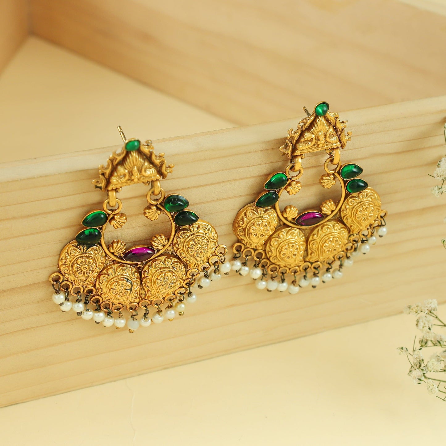 Mishita Gold Plated Silver Earrings with Deity Motif