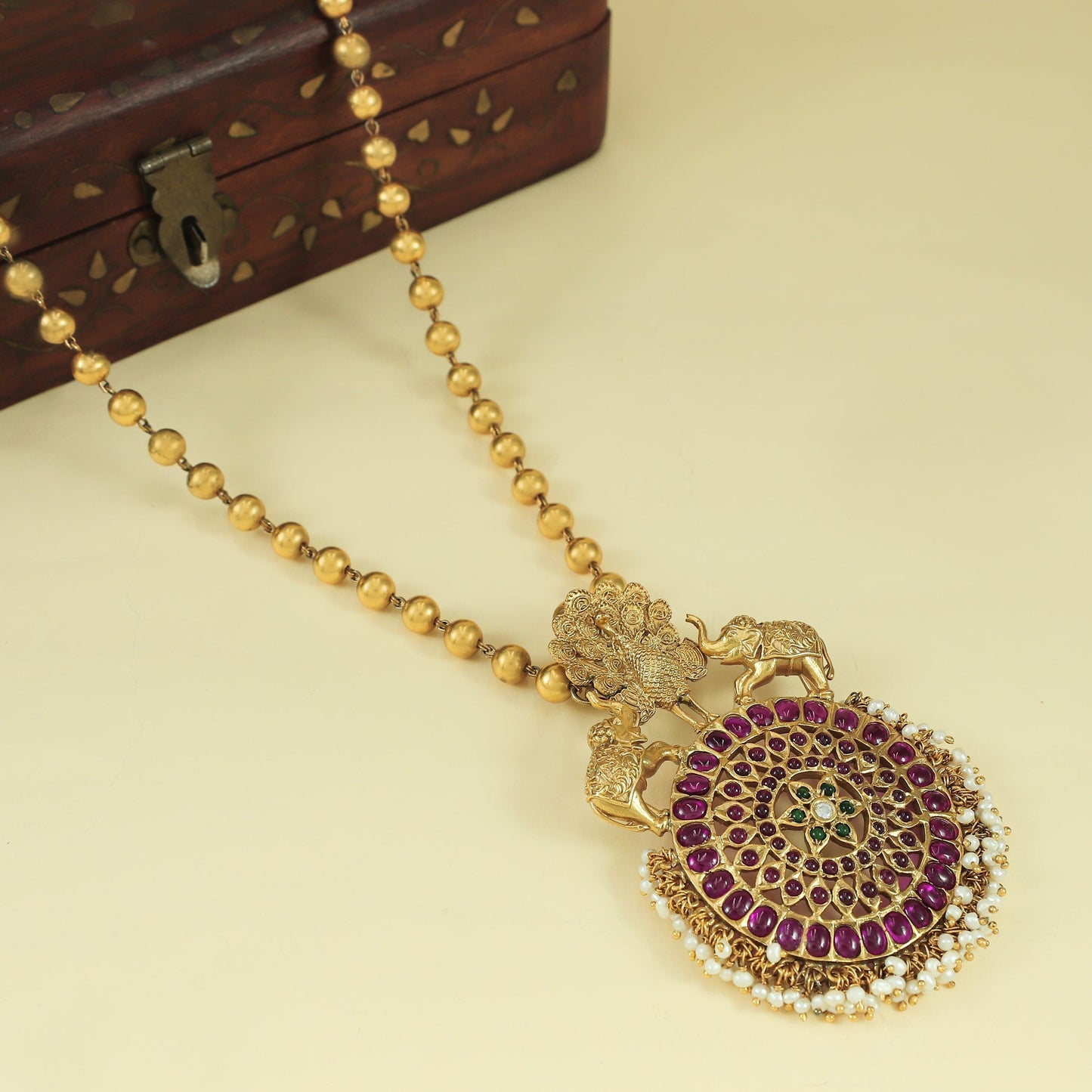 Kavya Gold Plated Silver Necklace With Peacock Motif