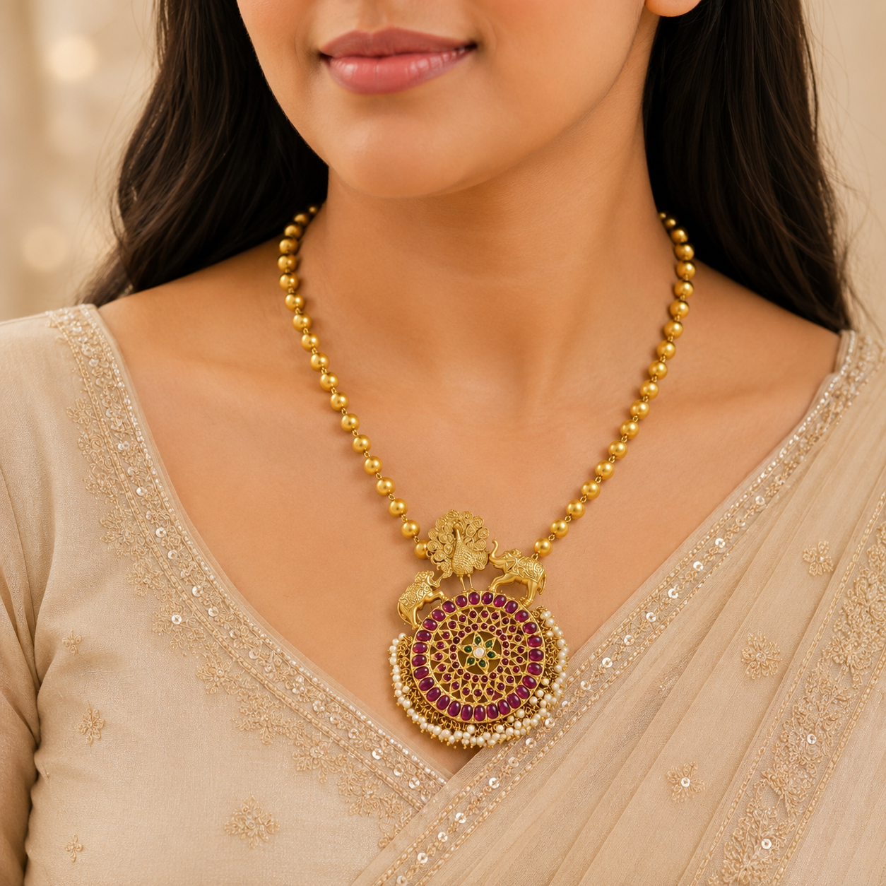 Falak Peacock & Elephant Silver Necklace