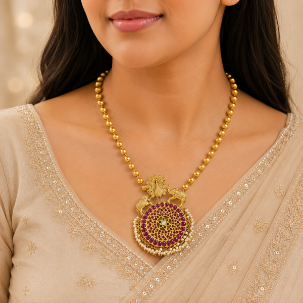 Falak Peacock & Elephant Silver Necklace