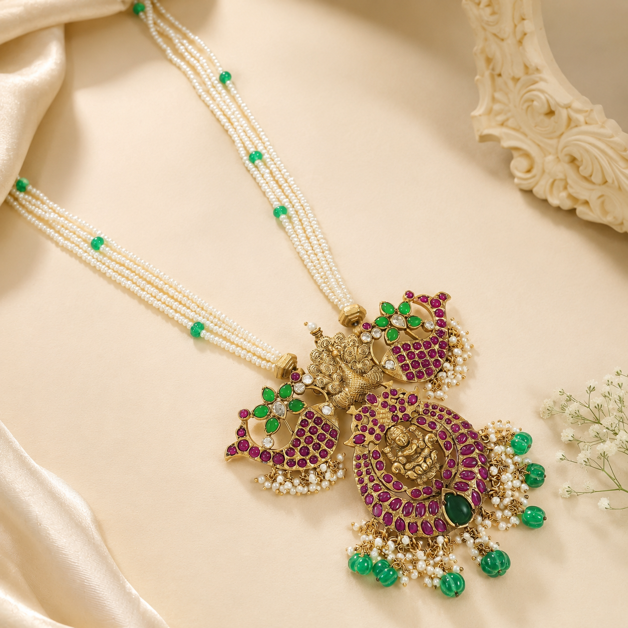 Ishani Pearl Peacock Silver Necklace