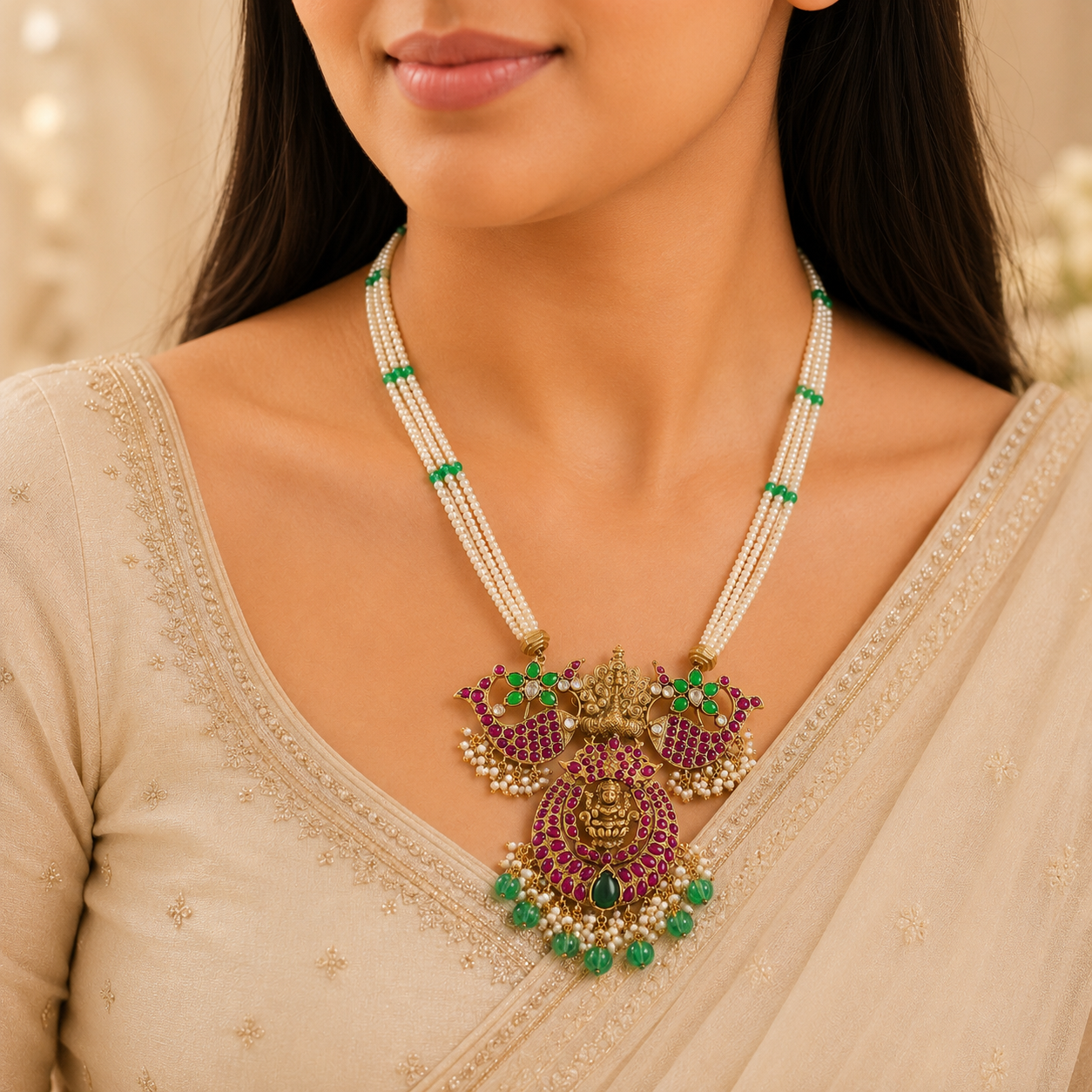 Ishani Pearl Peacock Silver Necklace