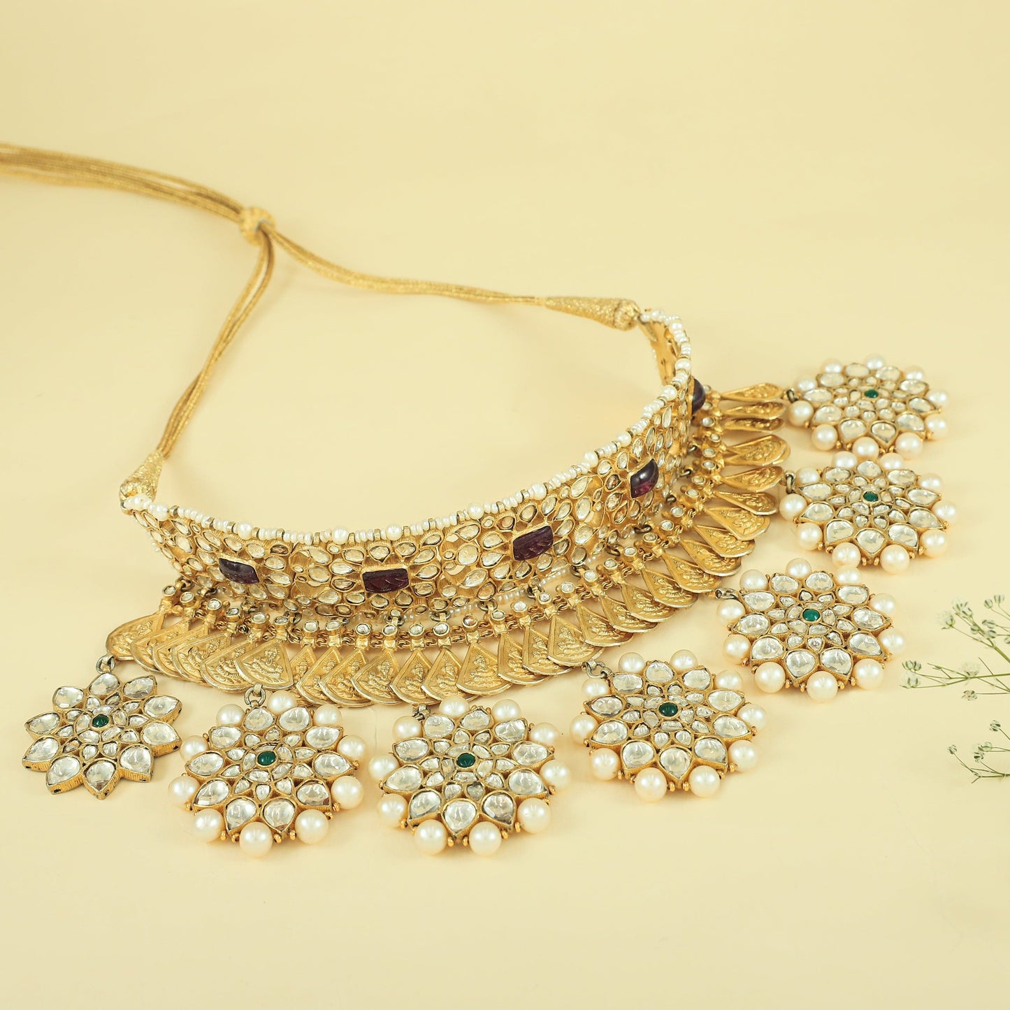 Czarina Pink And Pearl Gold Plated Kunda Silver Choker