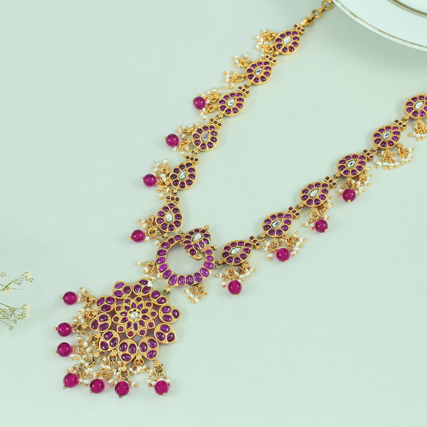 Mahi Gold Plated Pink Floral Silver Necklace