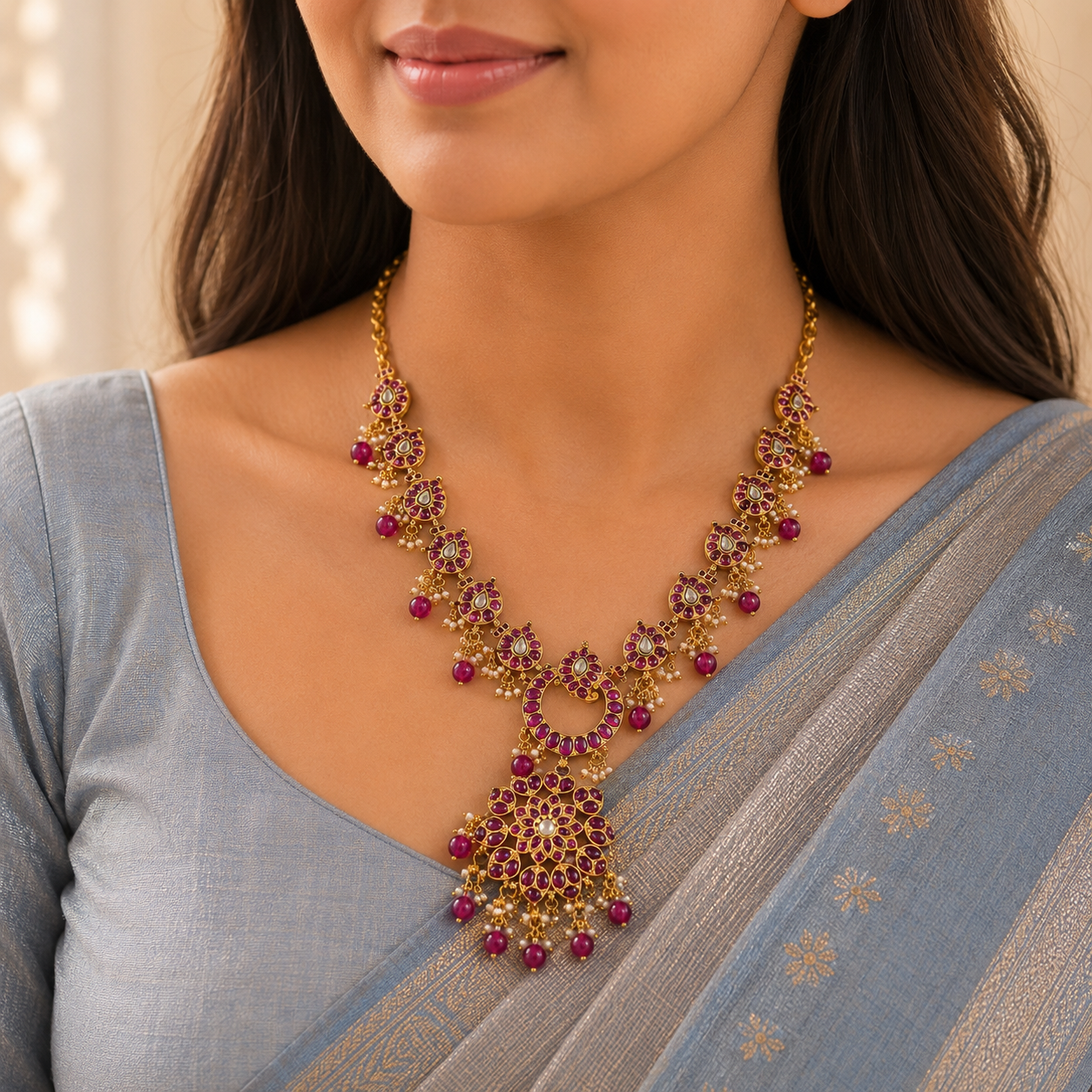 Megha Floral Ruby Silver Necklace