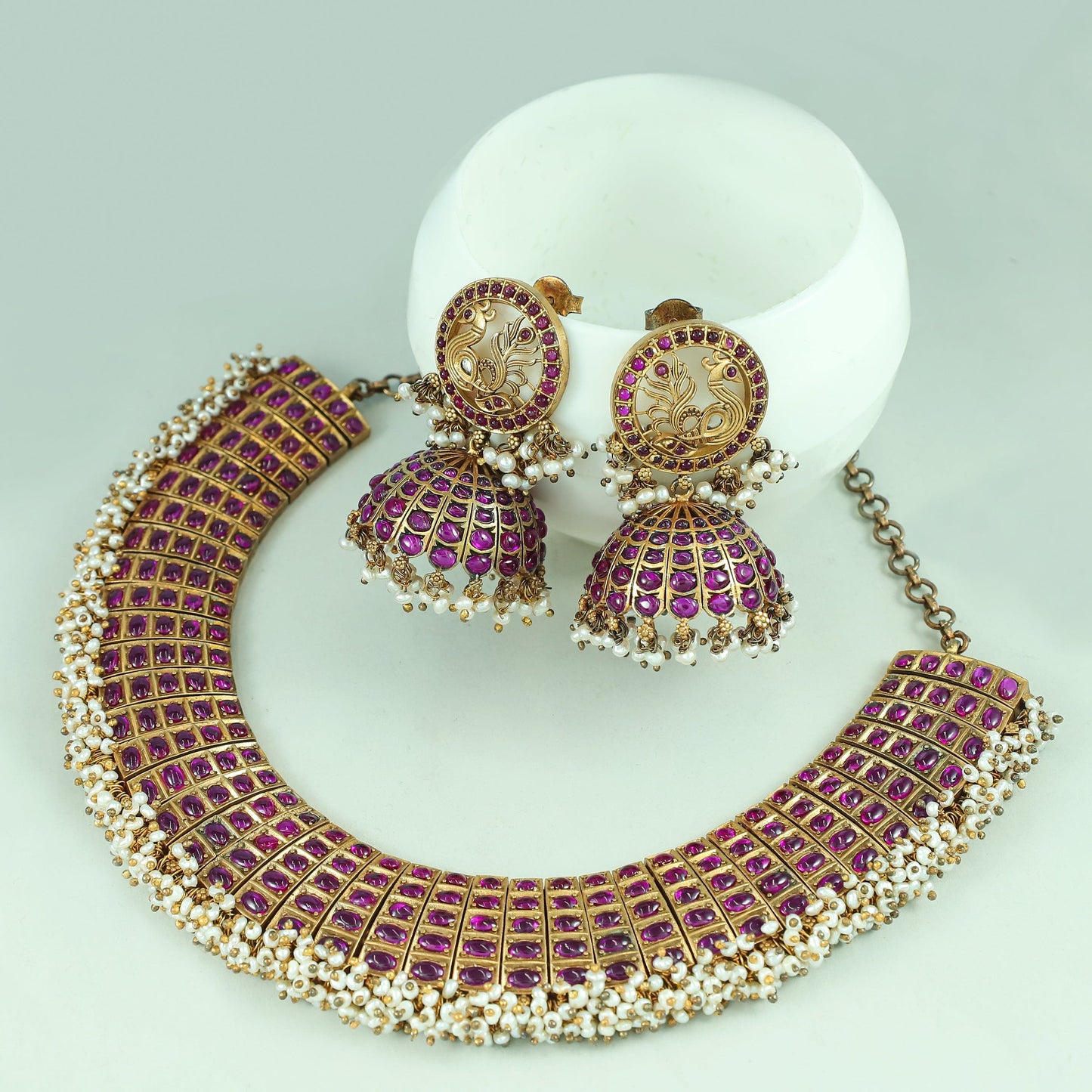 Arianna Gold Polished Silver Necklace Set With Pink Stones & Pearl