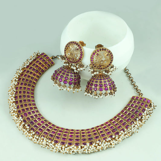 Arianna Gold Polished Silver Necklace Set With Pink Stones & Pearl