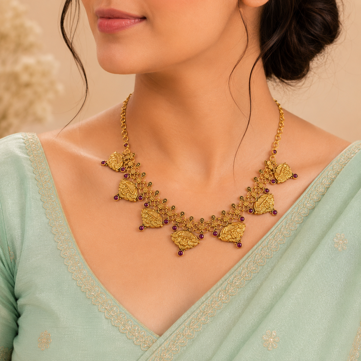 Intricate Floral Link Silver Necklace