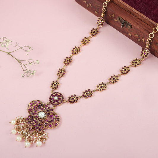 Pakhi Gold Plated Pink Floral Silver Necklace