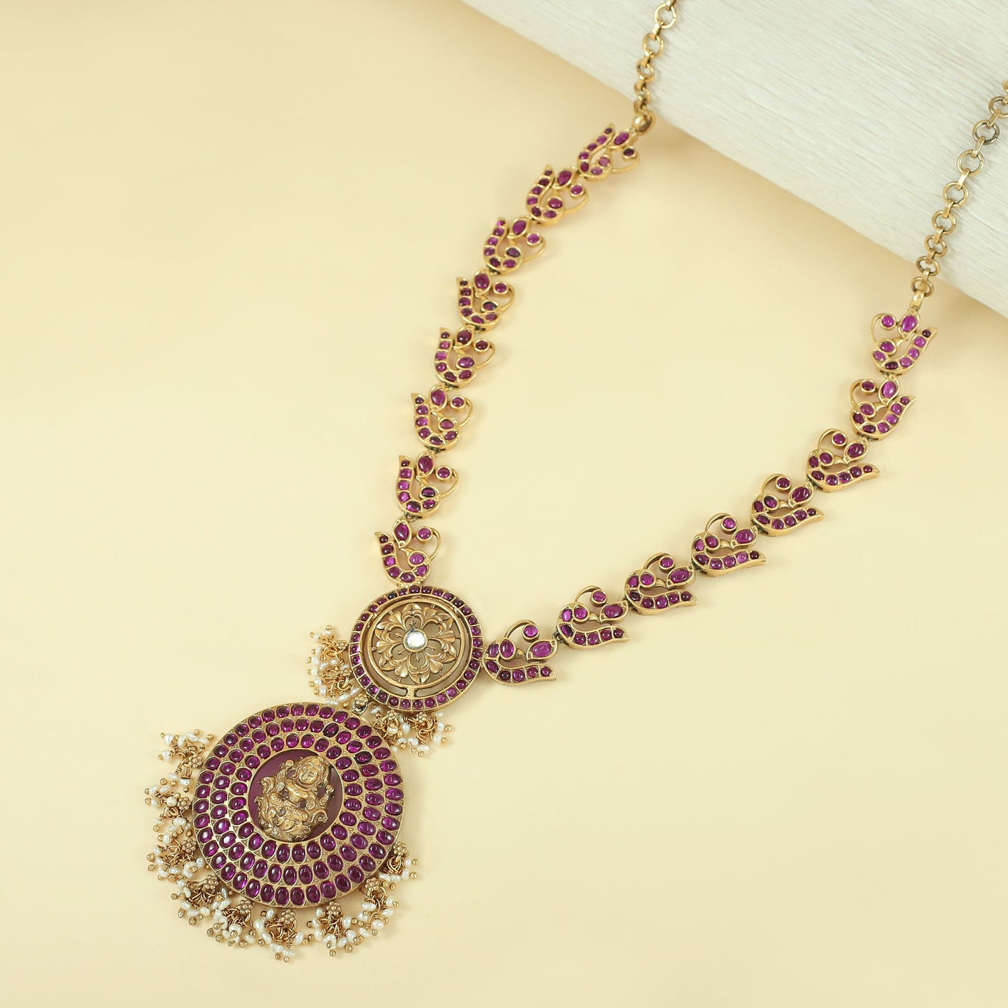 Kamakshi Gold Plated Pink Floral Silver Necklace With Deity Motif