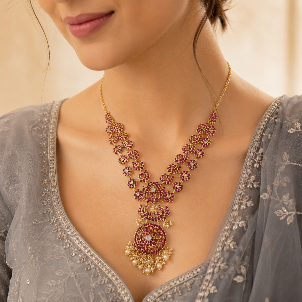 Anvika Floral & Paisley Design Silver Necklace