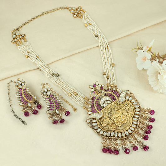 Ruhi Gold Plated Kundan Silver Necklace Set With Deity Motif