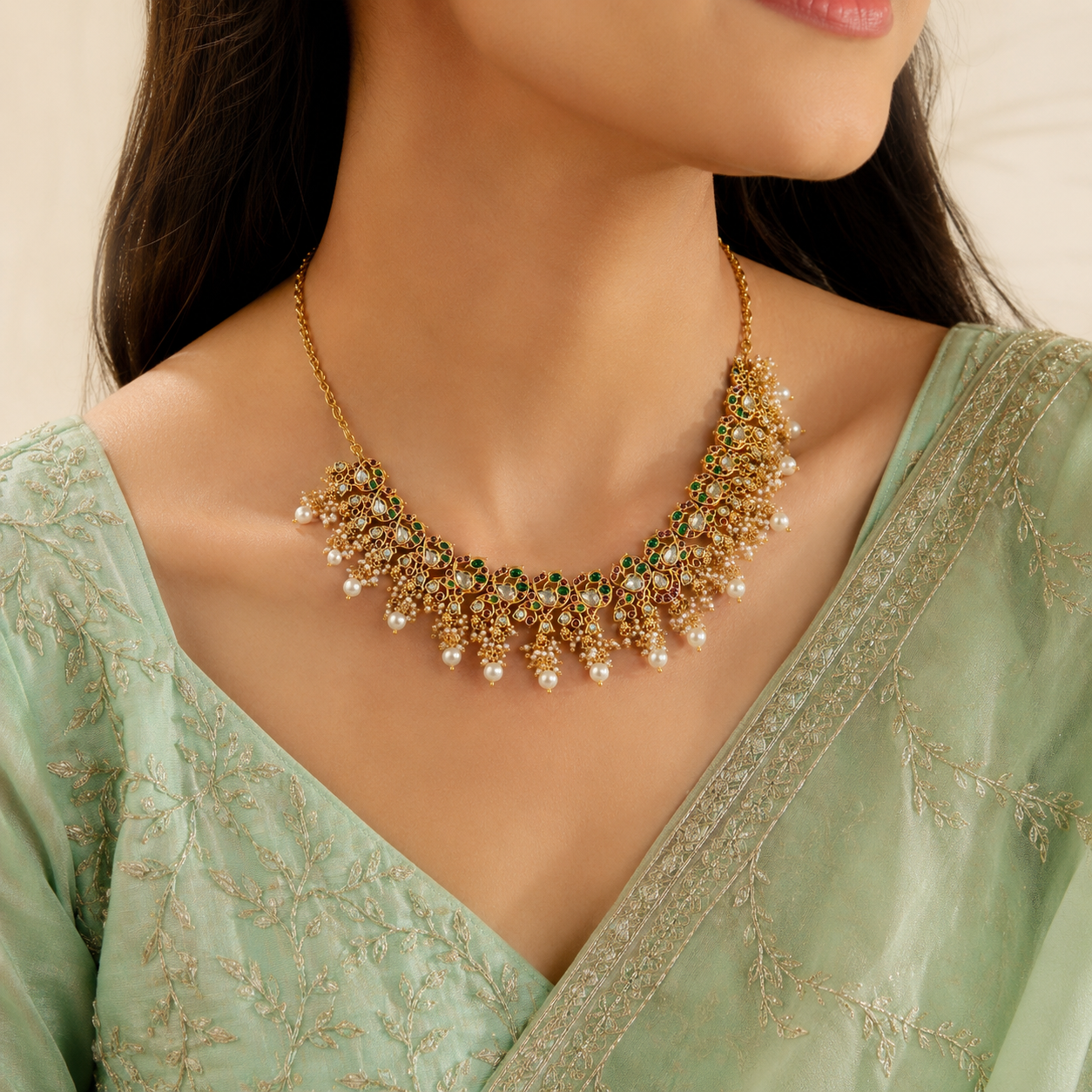 Varnika Kundan Pearl Silver Necklace
