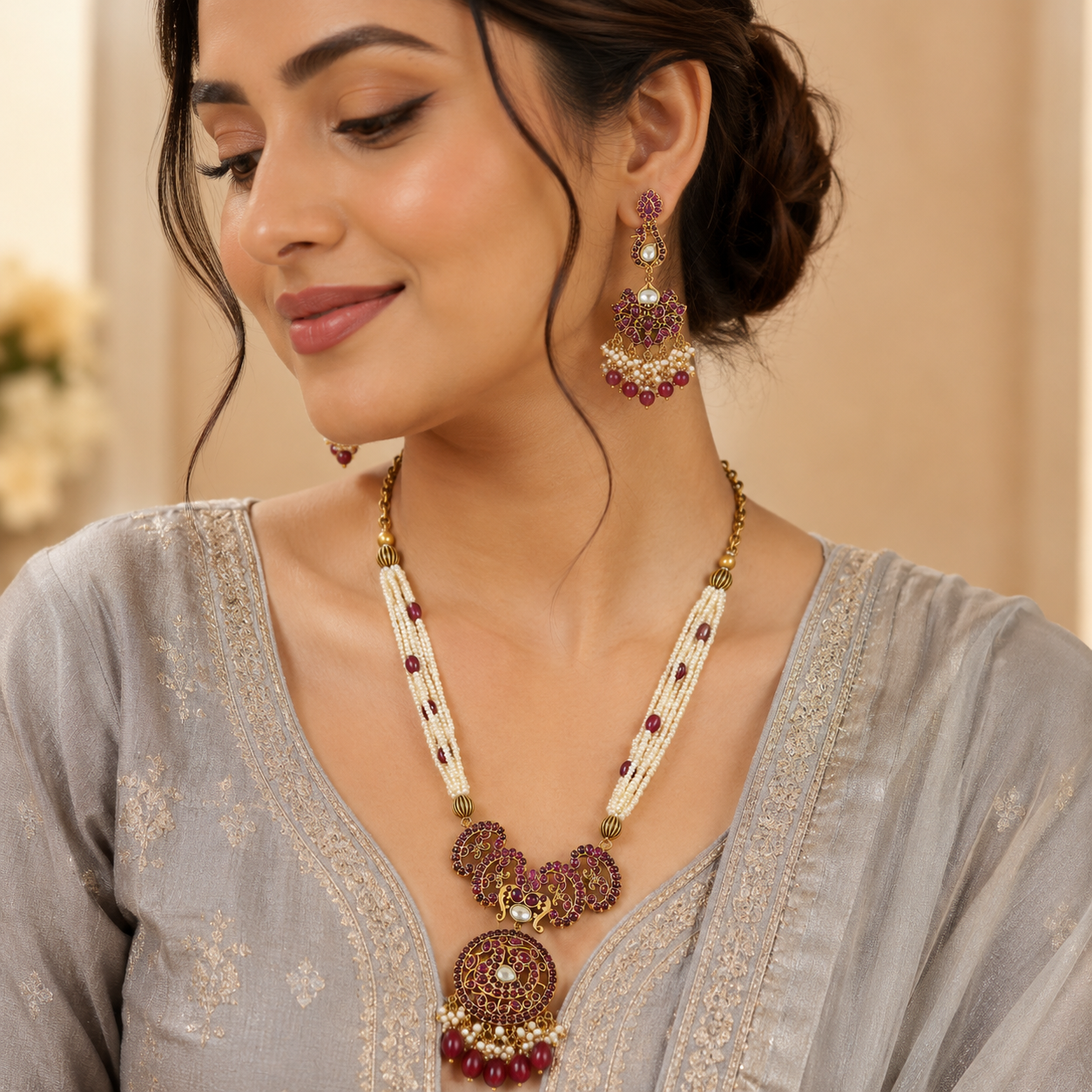 Ruhani Floral Design Silver Necklace Set