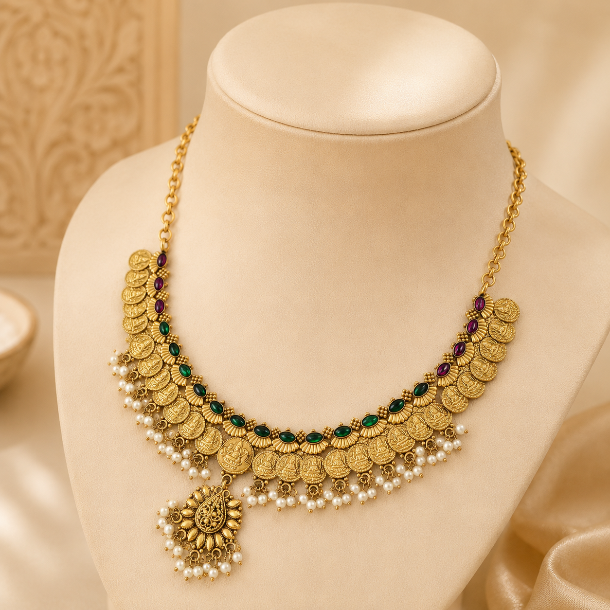 Trishika Temple Coin Silver Necklace