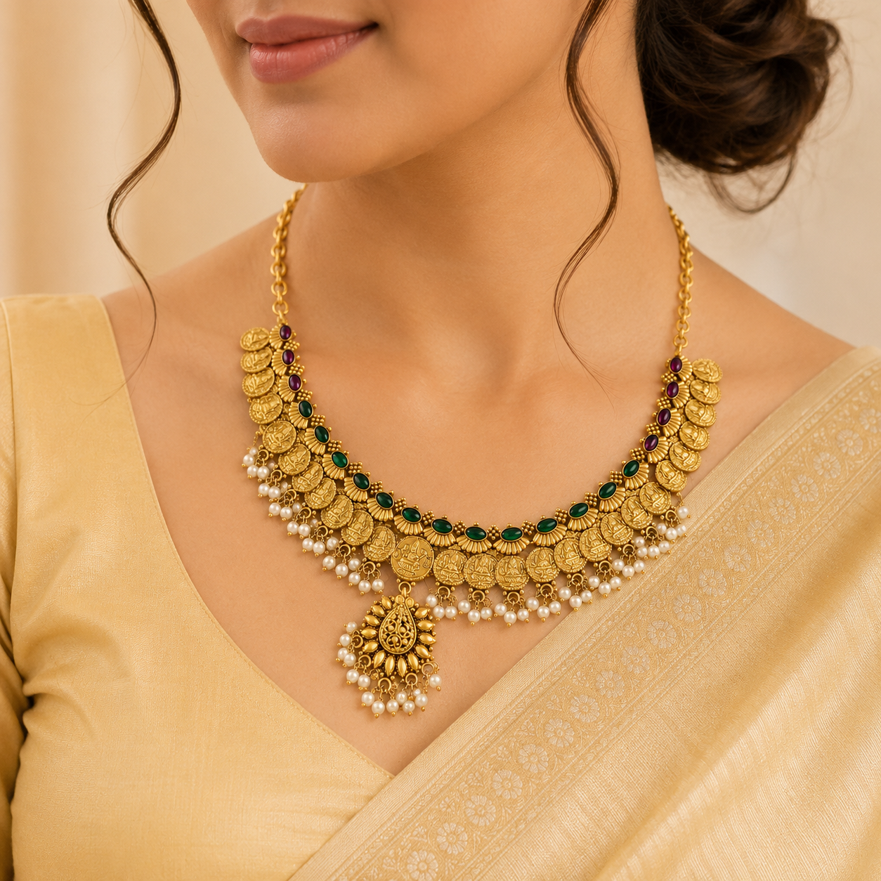 Trishika Temple Coin Silver Necklace