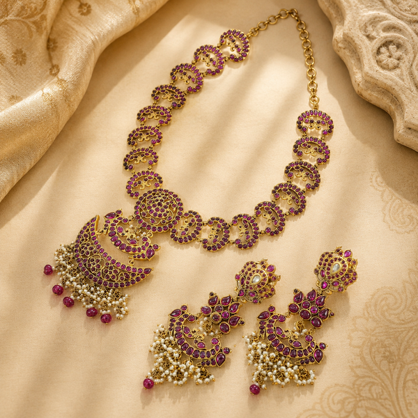 Aarushi Crescent Silver Necklace Set