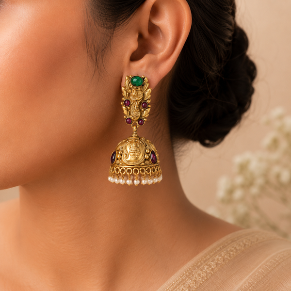Shanaya Emerald Toned Stone Silver Jhumki