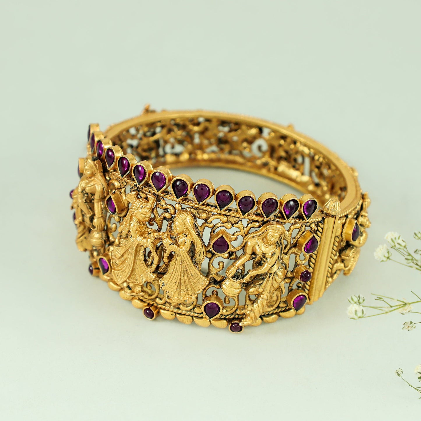 Prarthana Hinged Opening Silver Bangle With Deity Motifs