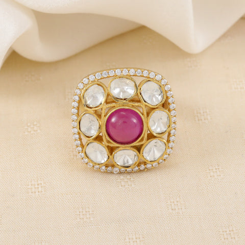 Kashish Traditional Design Pink Stone Silver Ring
