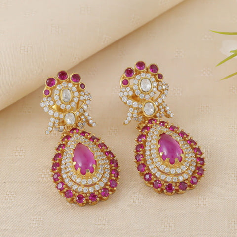 Varsha Traditional Pink Stone Silver Earrings