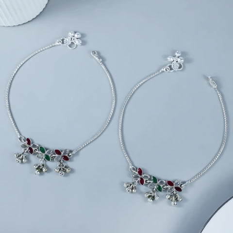 Aashi Regal Ruby Green Silver Anklets