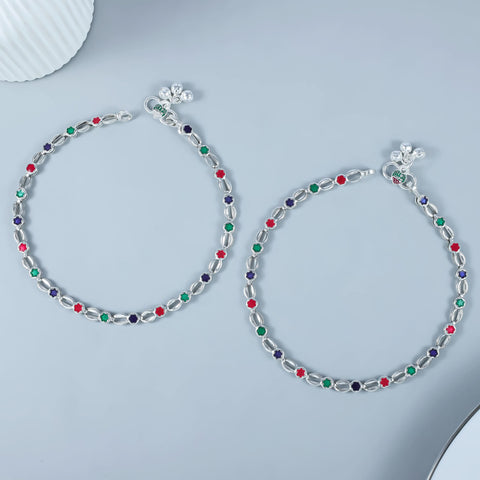 Ojasvi Multicolor Blossom Silver Anklets