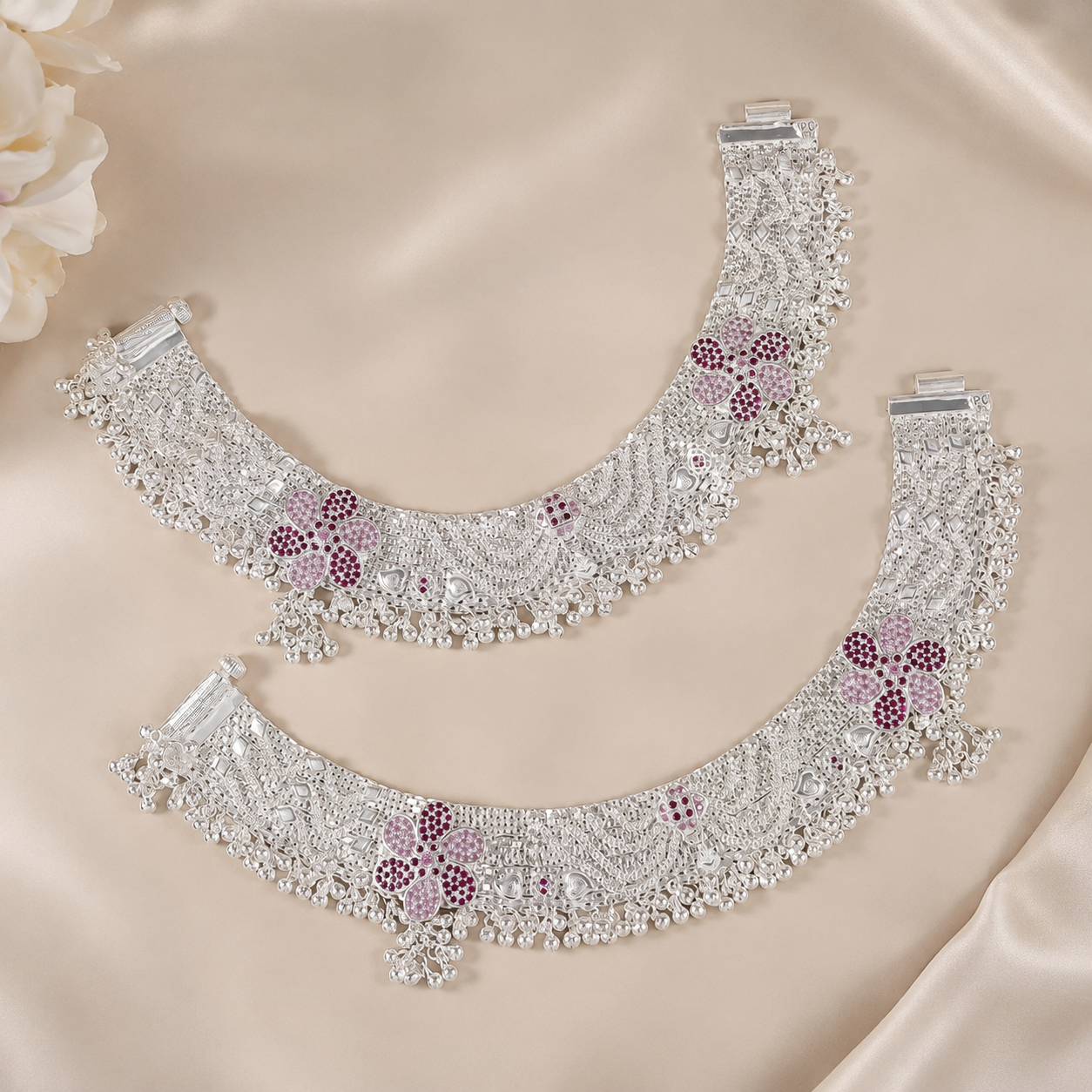 Diya Bridal Floral Silver Anklets