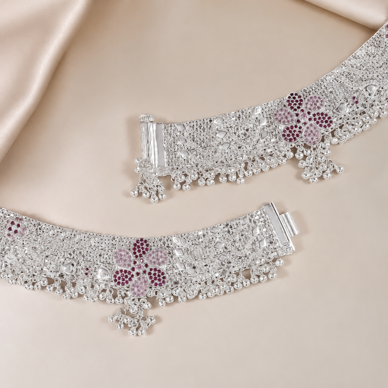 Diya Bridal Floral Silver Anklets