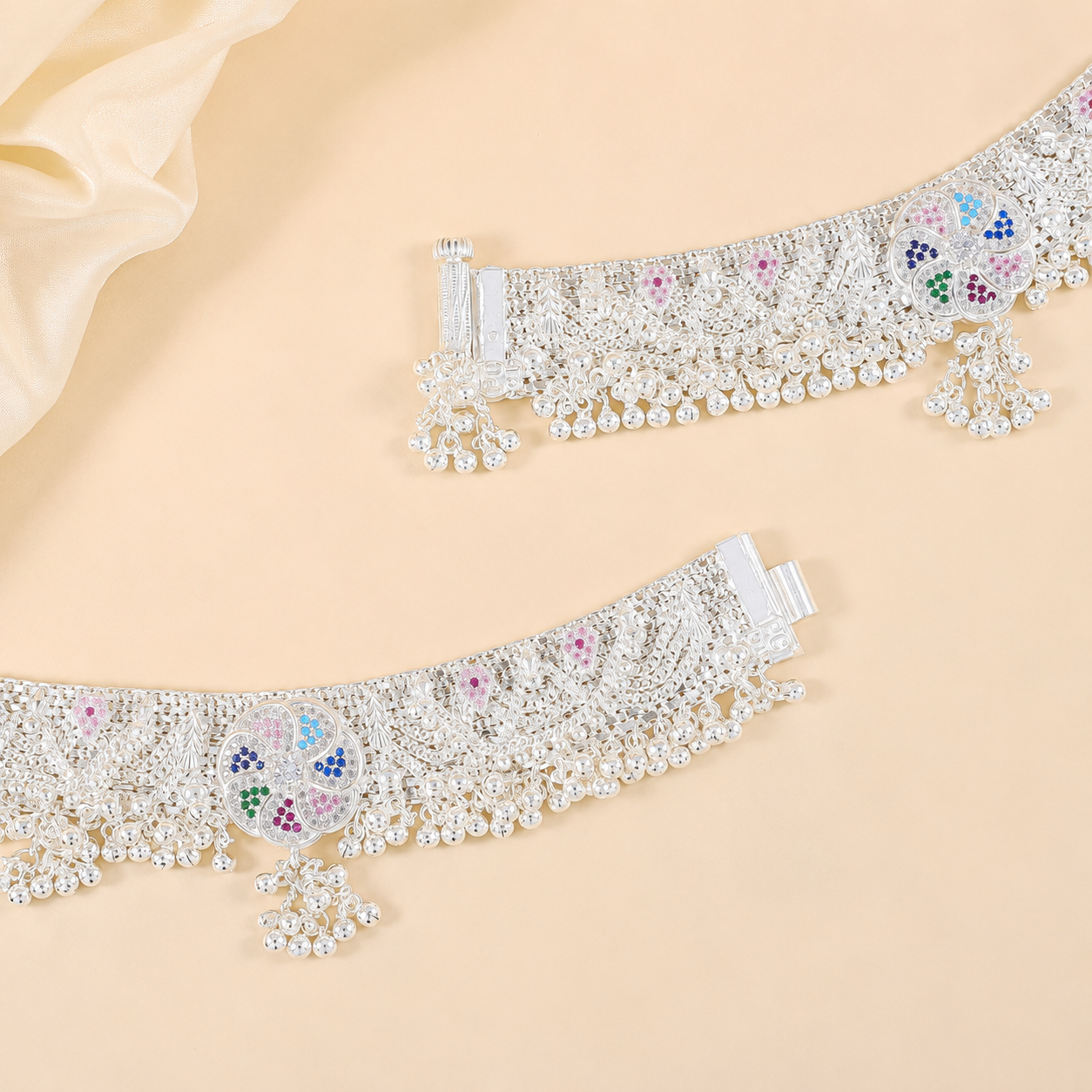 Charu Peacock Color Flower Anklets