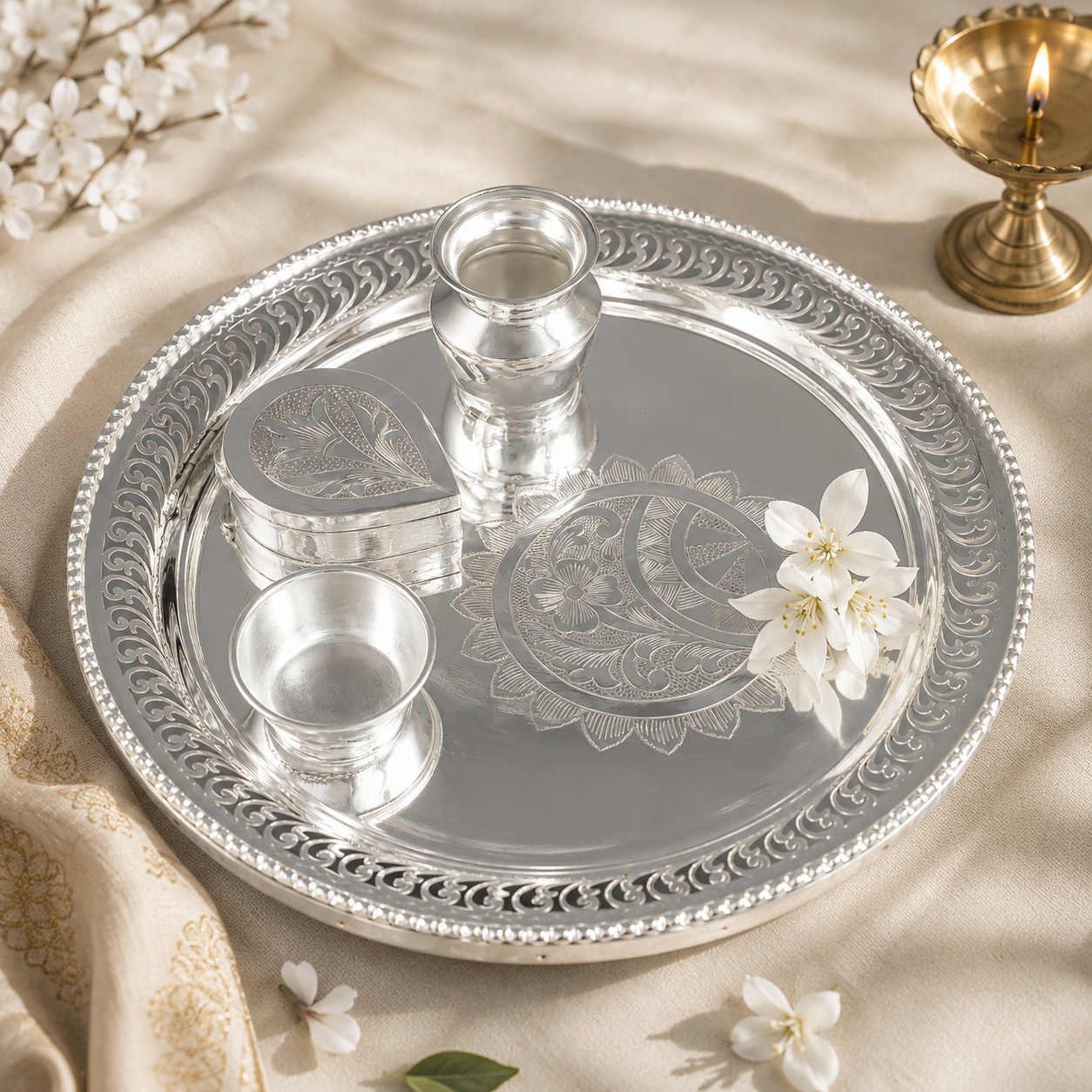 Luxury Puja Silver Thali Set