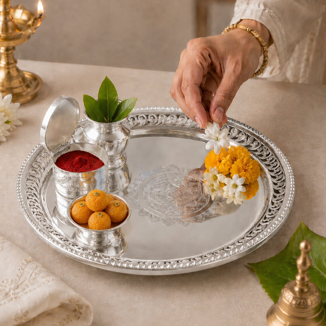 Luxury Puja Silver Thali Set
