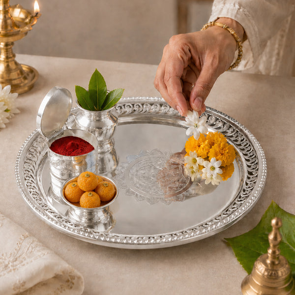 Luxury Puja Silver Thali Set