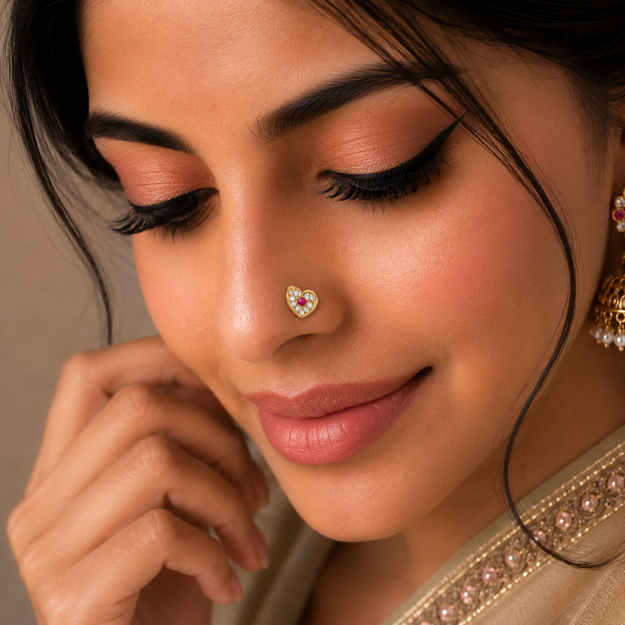 Crystal Heart Gold Nose Pin