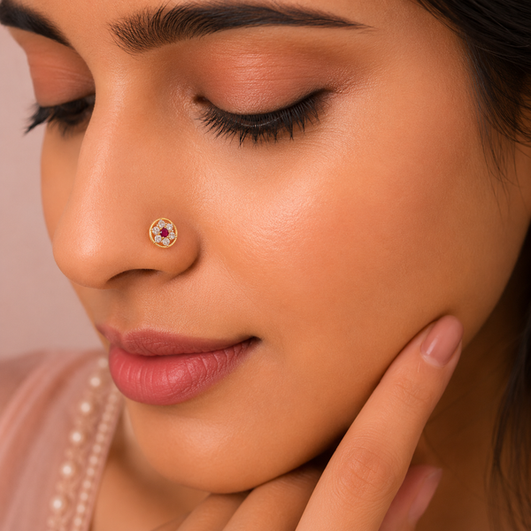 Ruby Floral Glow Gold Nose Pin