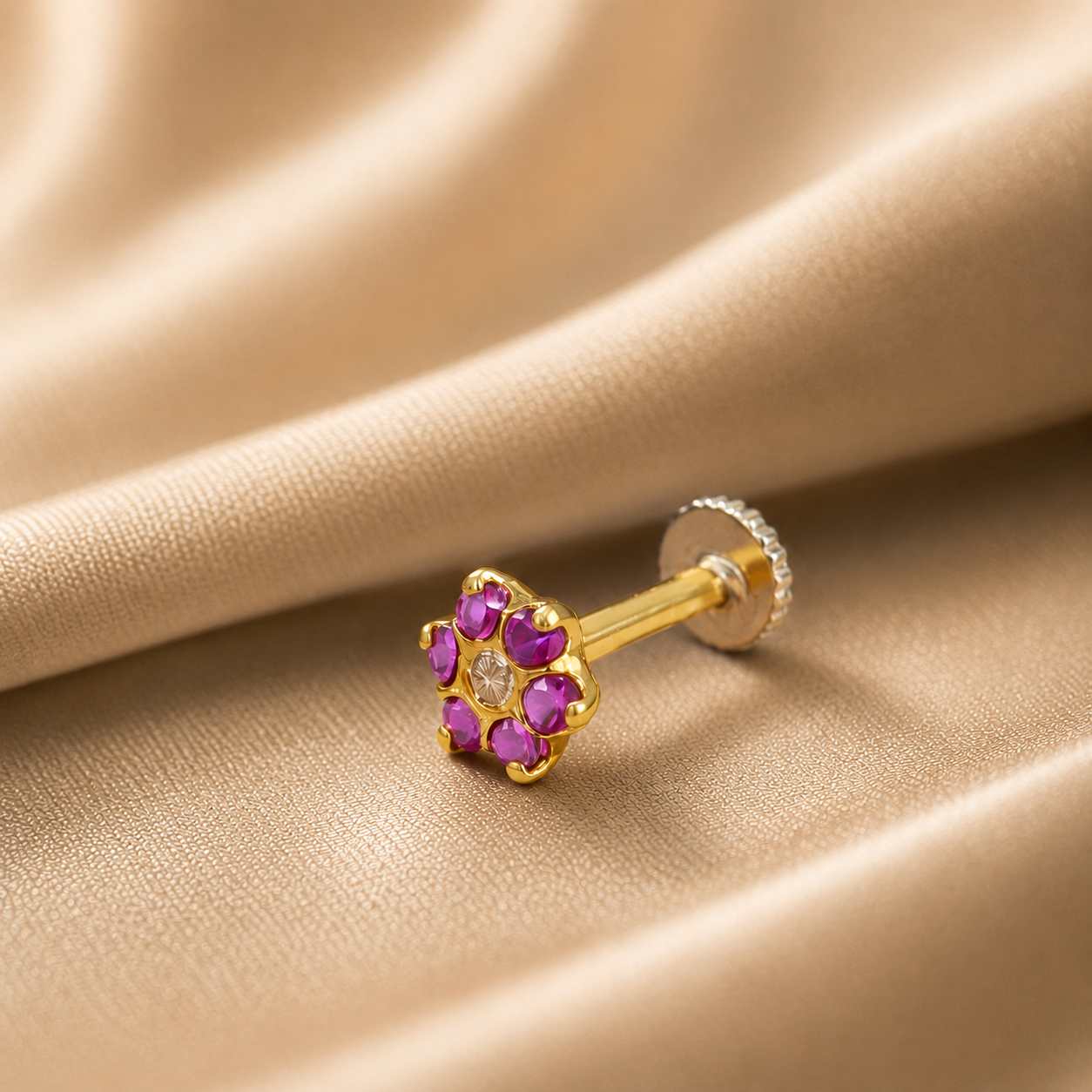 Pink Floral Glow Gold Nose Pin