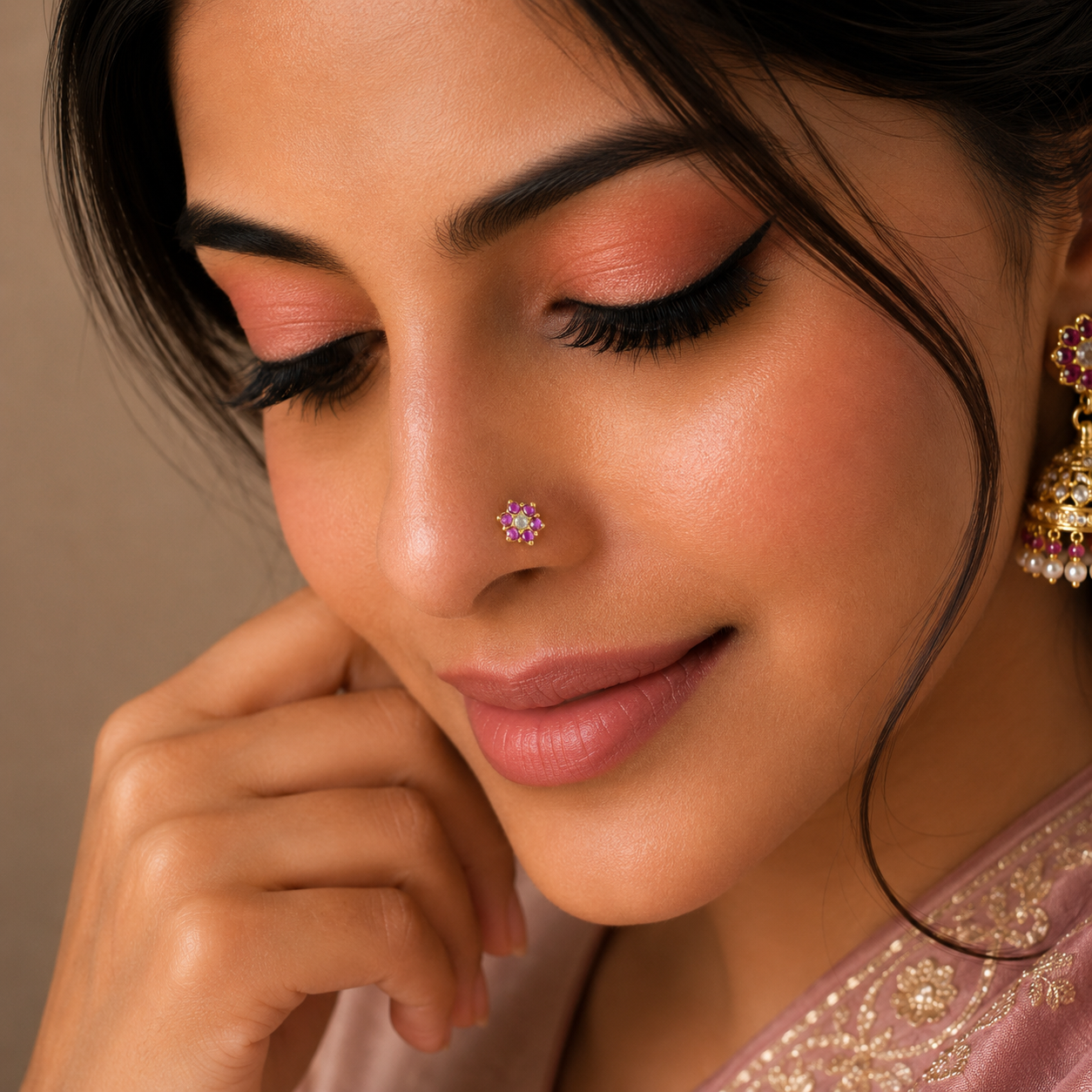 Pink Floral Glow Gold Nose Pin