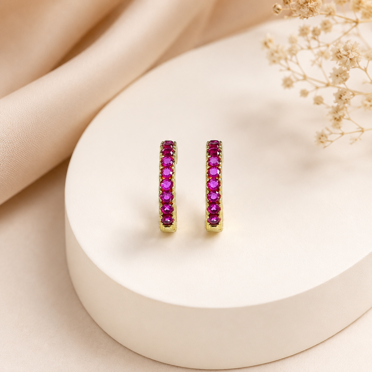 Teena Pink Stone Hoops Gold Earrings