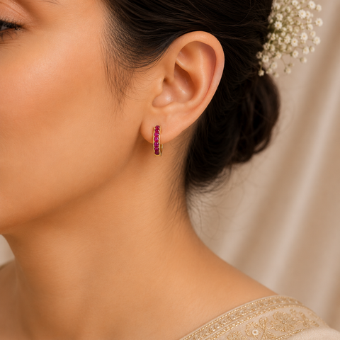 Teena Pink Stone Hoops Gold Earrings